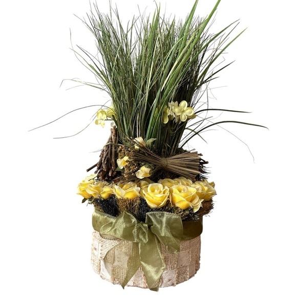 FAUX FLOWER DECOR Checked Burlap Fairy Pot with Lily Grass  Yellow Roses Twigs - Picture 1 of 8